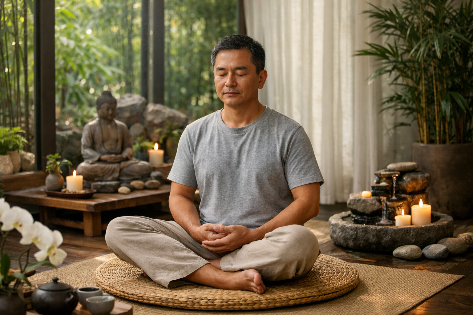 Một người đang thực hành thiền định trong không gian yên tĩnh để giảm căng thẳng