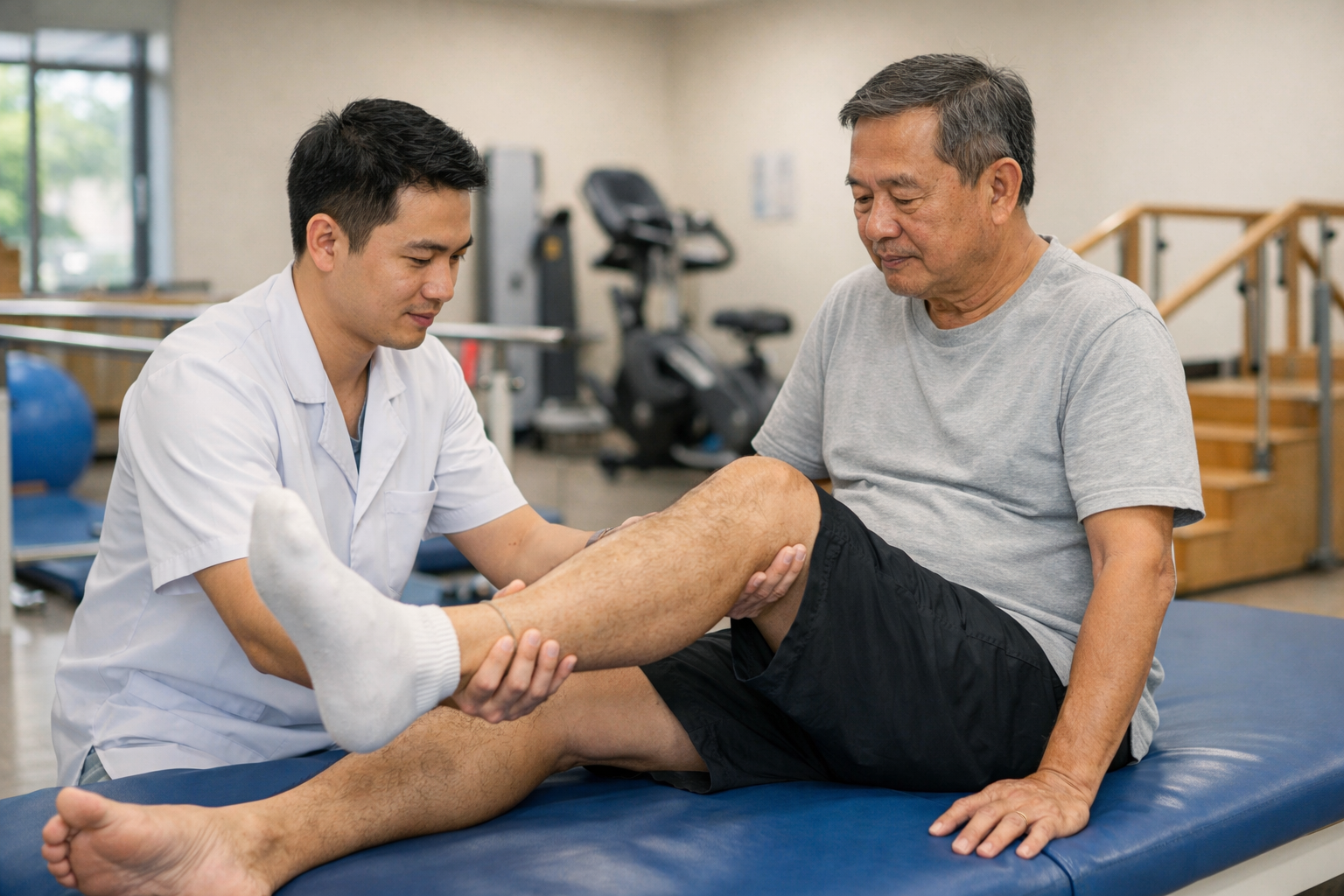 Kỹ thuật viên đang hướng dẫn người bệnh thực hiện các bài tập vật lý trị liệu chân sau tai biến