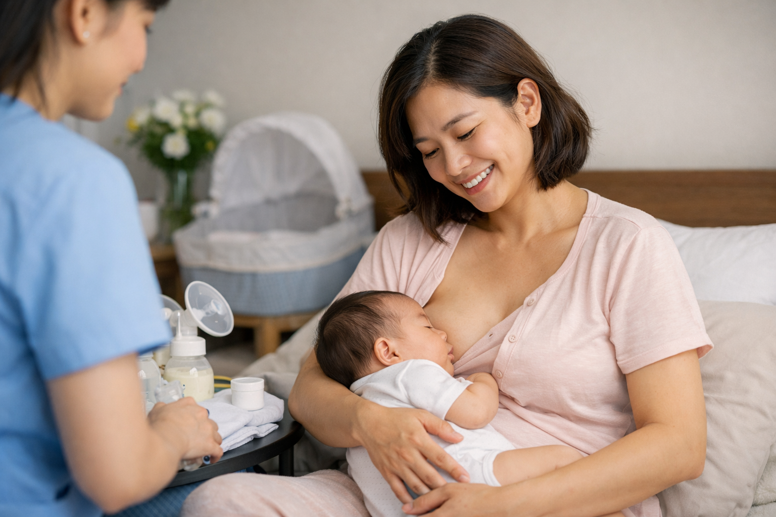 Hình ảnh mẹ và bé hạnh phúc khi mẹ đã được thông tắc tia sữa thành công và có đủ sữa cho bé