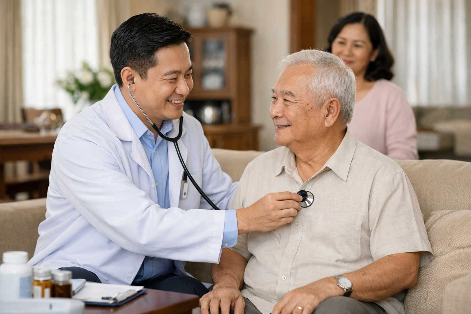 Bác sĩ gia đình tận tâm đang thăm khám sức khỏe cho người cao tuổi tại nhà
