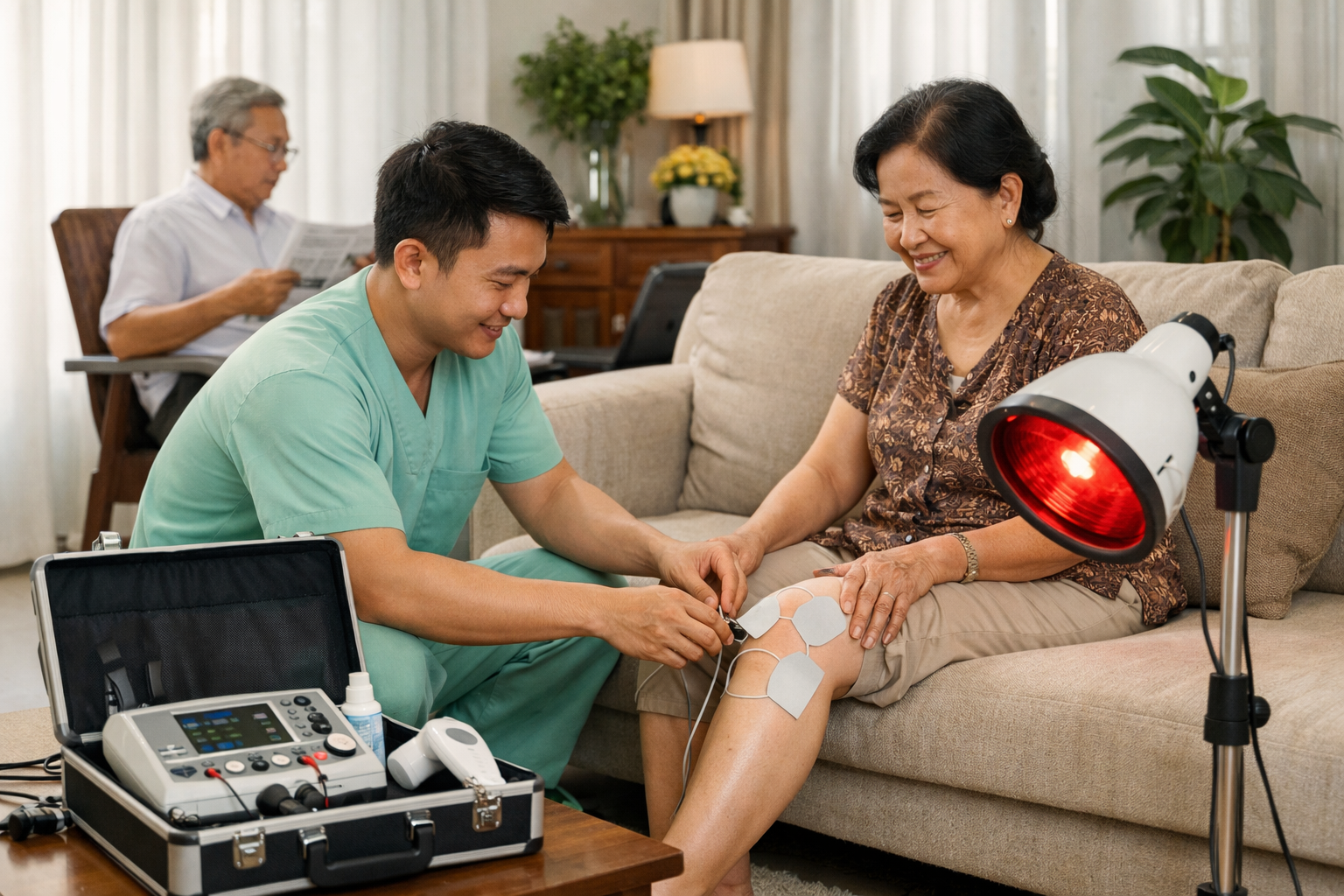 Các thiết bị vật lý trị liệu hiện đại như máy điện xung, đèn hồng ngoại được mang đến tận nhà bệnh nhân