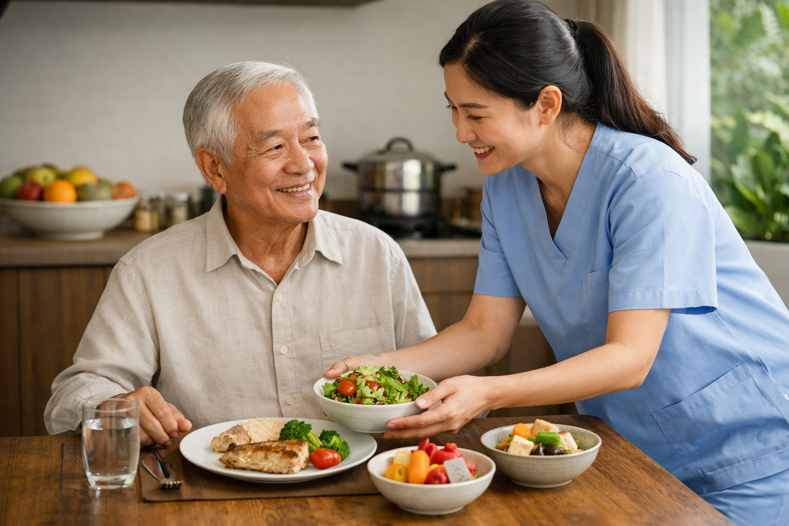 Điều dưỡng hỗ trợ chuẩn bị bữa ăn dinh dưỡng cho người cao tuổi