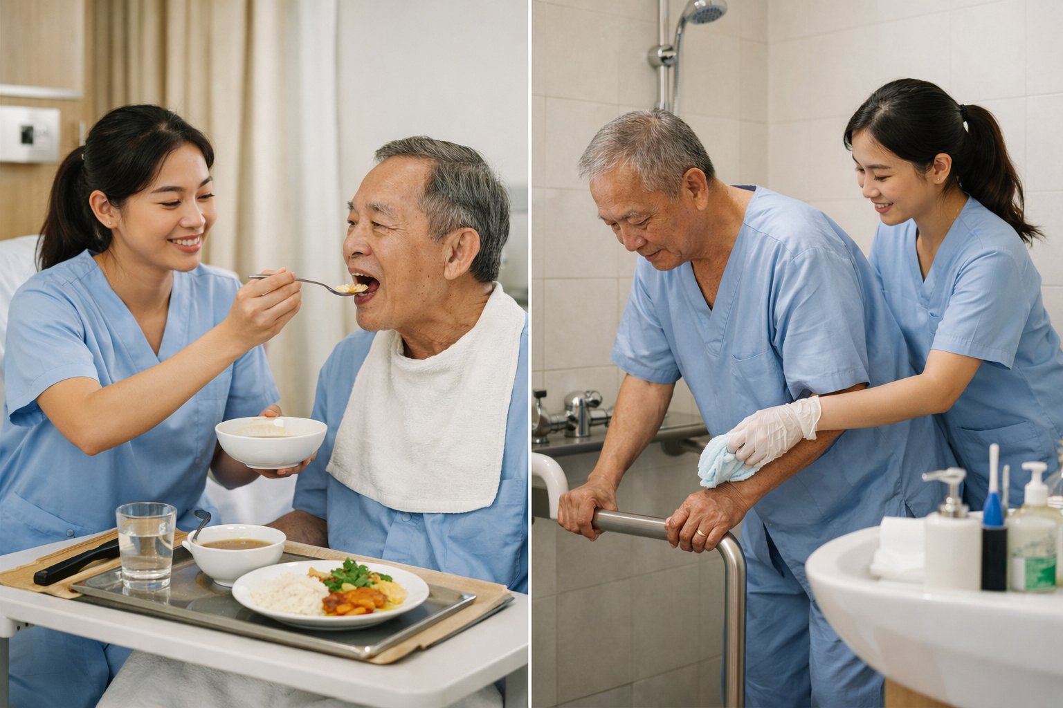 Nhân viên chăm sóc đang hỗ trợ bệnh nhân ăn uống và vệ sinh cá nhân