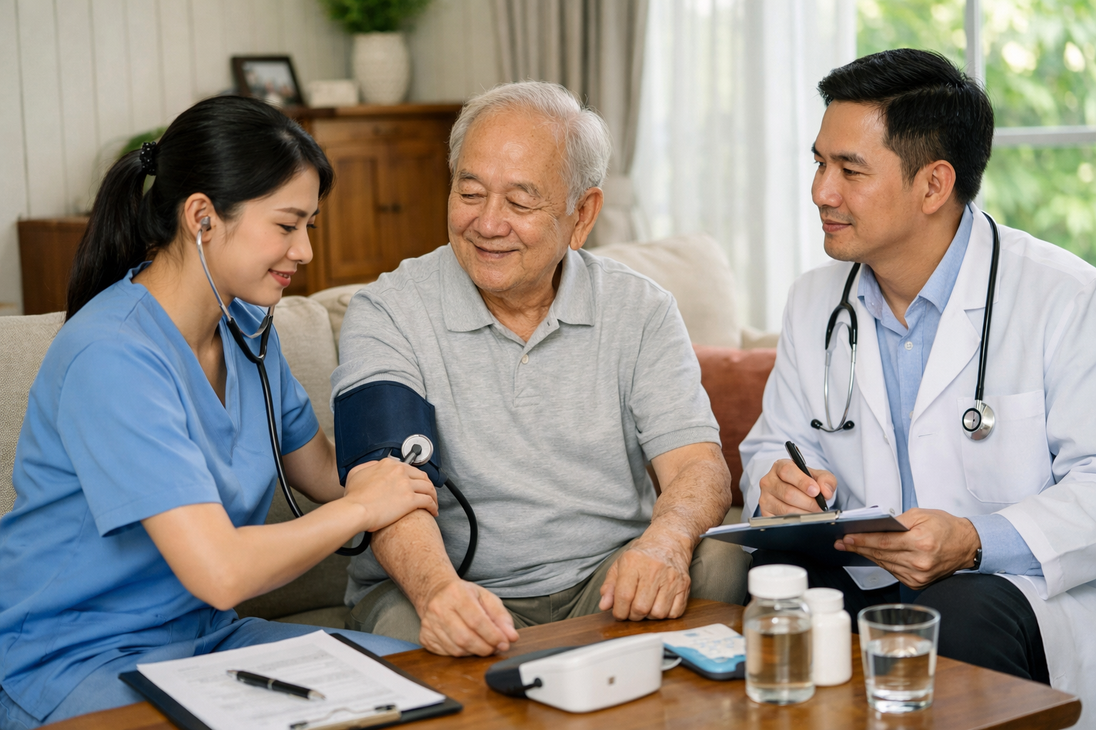 Nhân viên y tế thực hiện đo huyết áp và kiểm tra sức khỏe định kỳ cho người cao tuổi