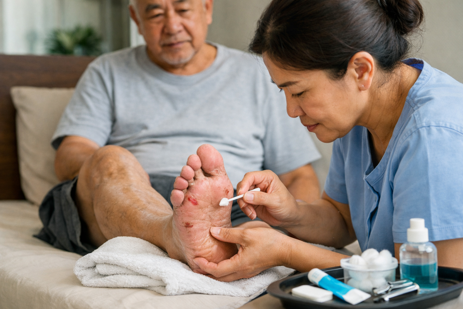 Người nhà đang kiểm tra các vết xước và vệ sinh bàn chân cho người bệnh tiểu đường để phòng ngừa loét