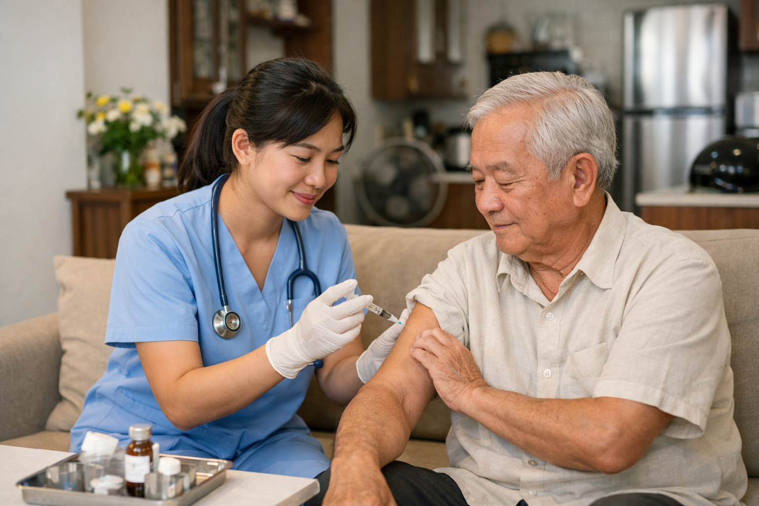 Y tá điều dưỡng đang thực hiện tiêm thuốc cho bệnh nhân cao tuổi tại nhà ở TPHCM