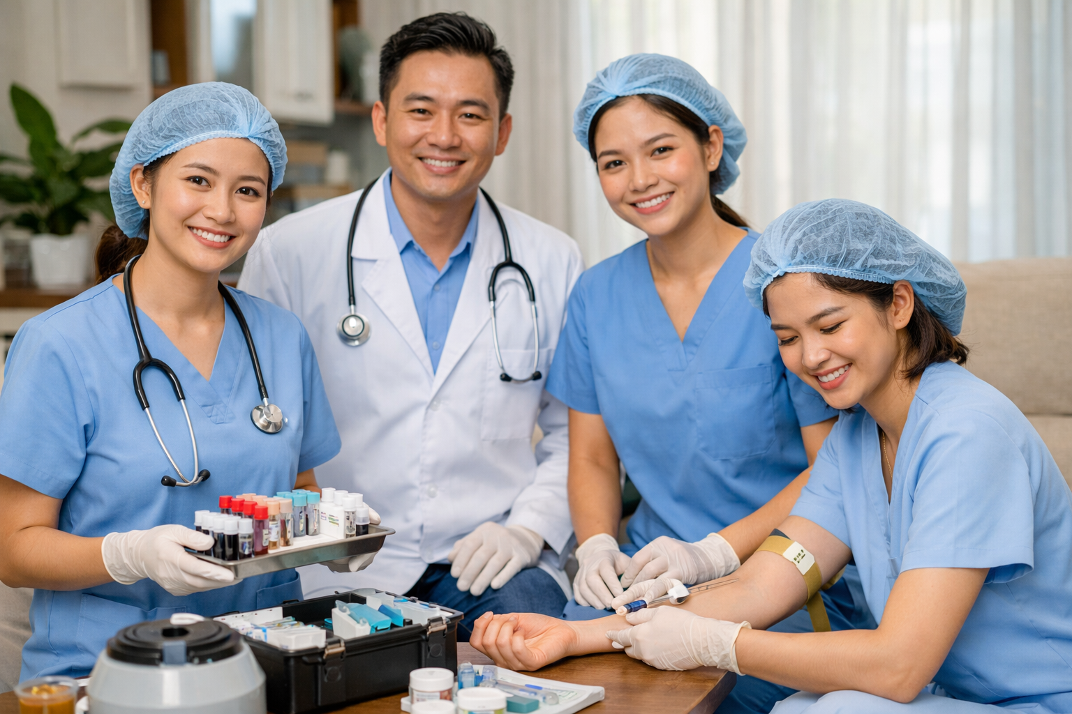 Đội ngũ điều dưỡng viên của Sức khỏe Thiện Tâm với trang phục chuyên nghiệp và tận tâm