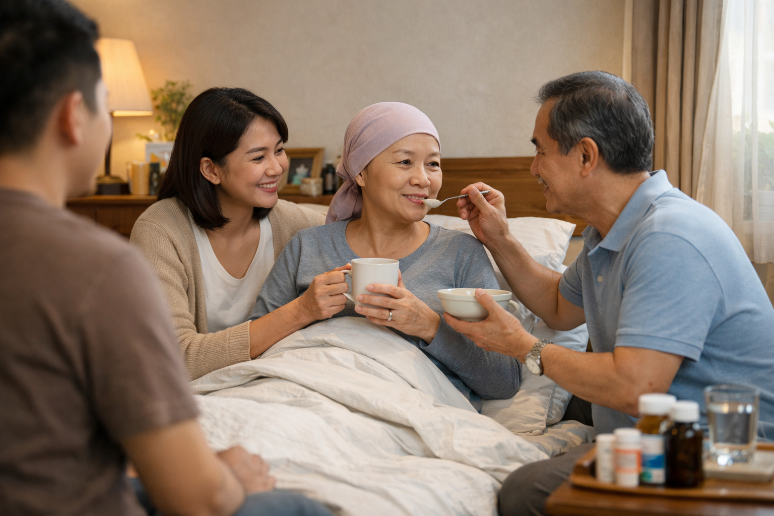 Người thân đang hỗ trợ chăm sóc bệnh nhân ung thư tại nhà trong không gian ấm cúng