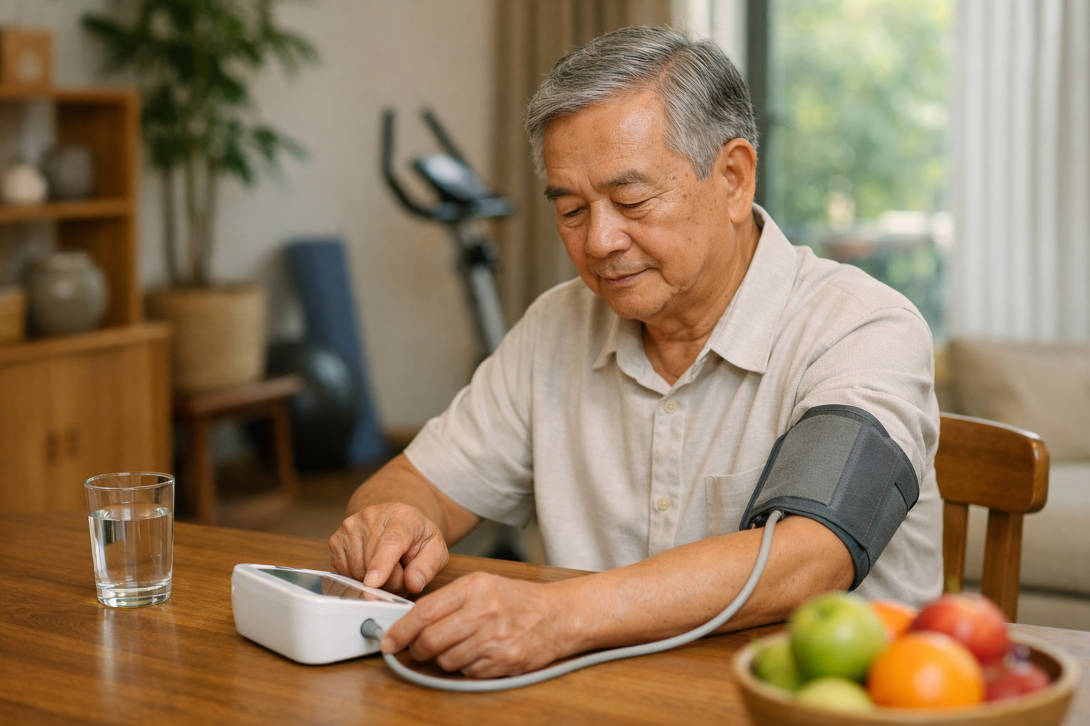 Người cao tuổi đang tự kiểm tra huyết áp tại nhà bằng máy đo điện tử