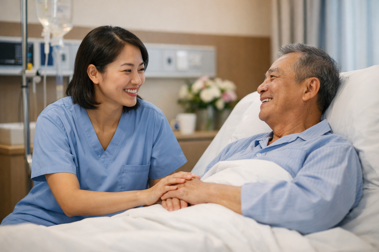 Người chăm sóc đang trò chuyện động viên tinh thần giúp bệnh nhân hồi phục nhanh hơn