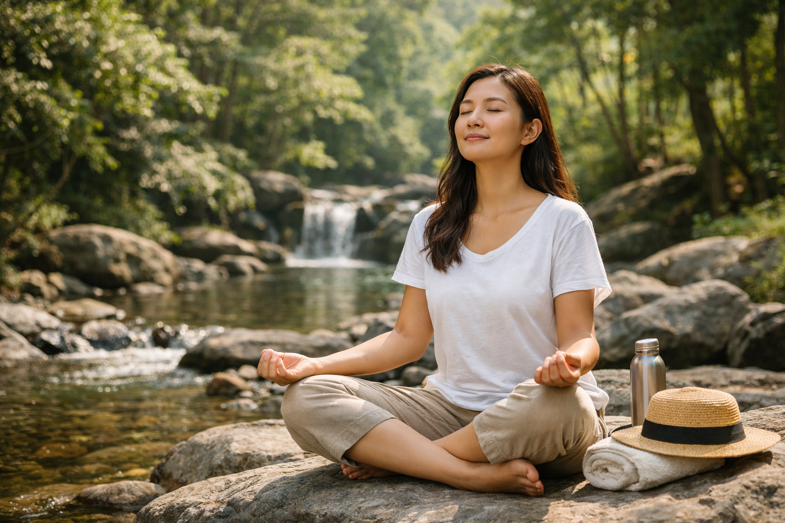 Một người phụ nữ thư giãn giữa không gian thiên nhiên xanh mát để giảm căng thẳng