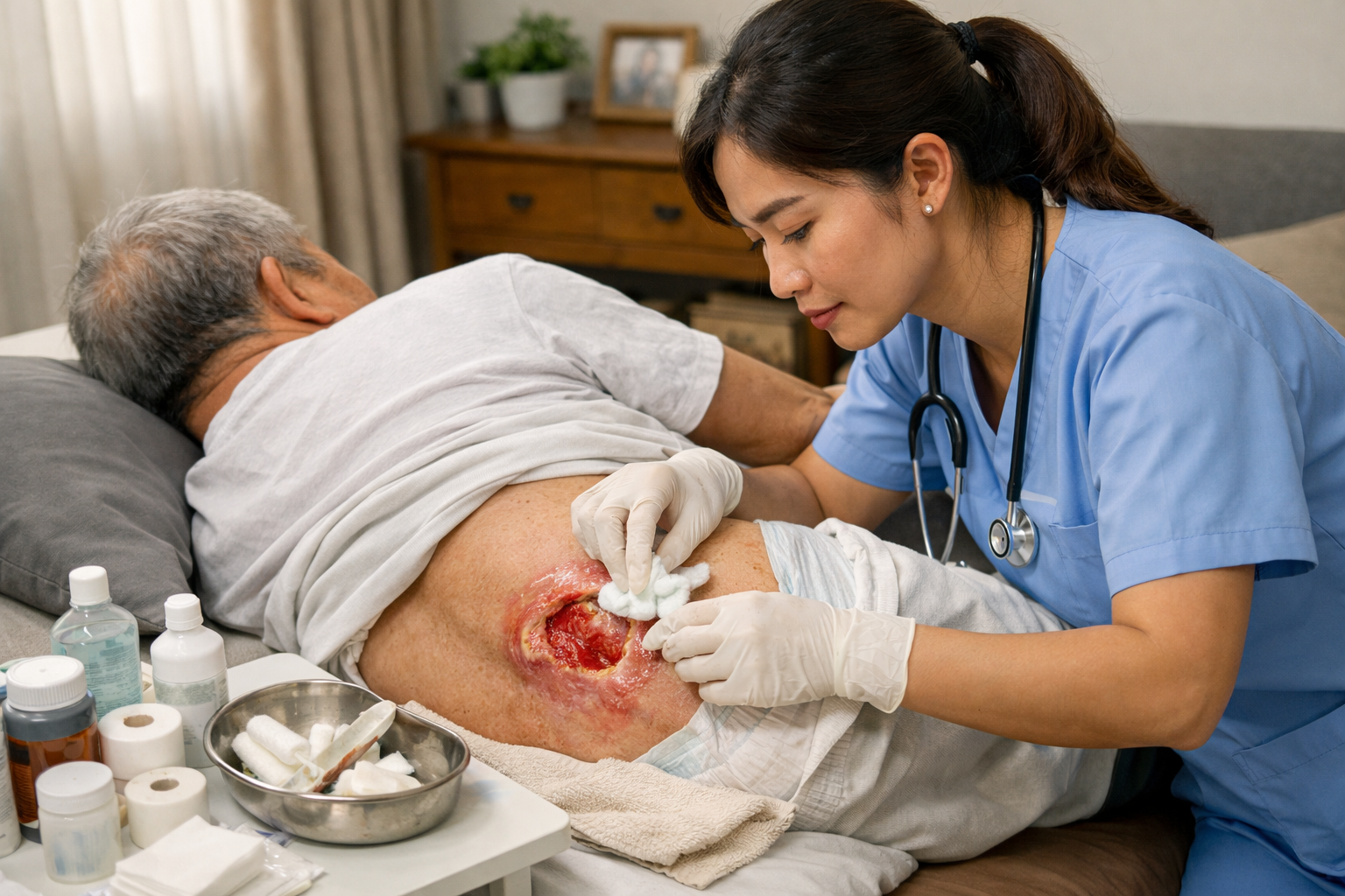 Điều dưỡng đang thực hiện chăm sóc vết thương loét ép chuyên nghiệp cho bệnh nhân tại nhà