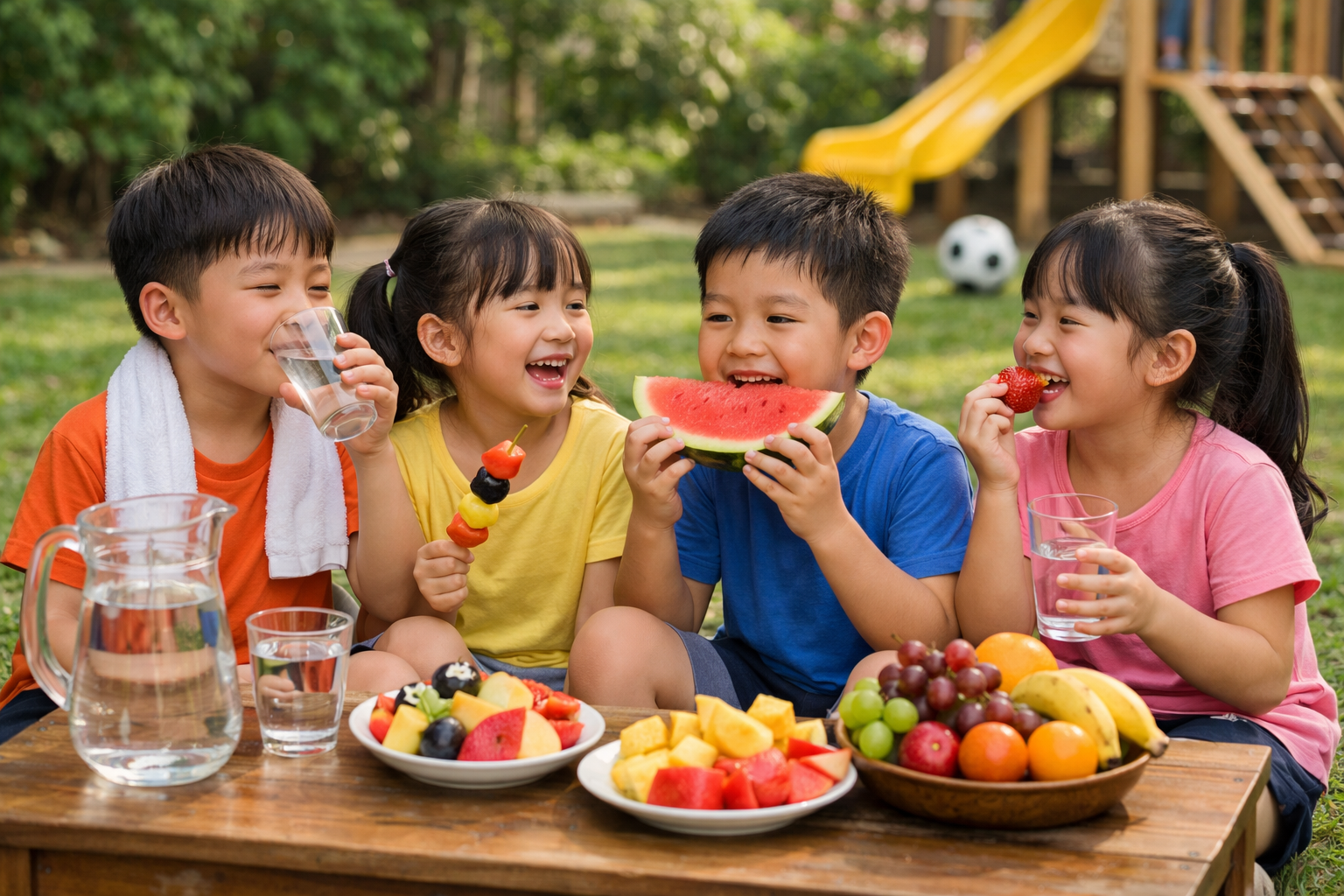 Nhóm trẻ nhỏ vui vẻ thưởng thức trái cây tươi và uống nước lọc sau khi vận động