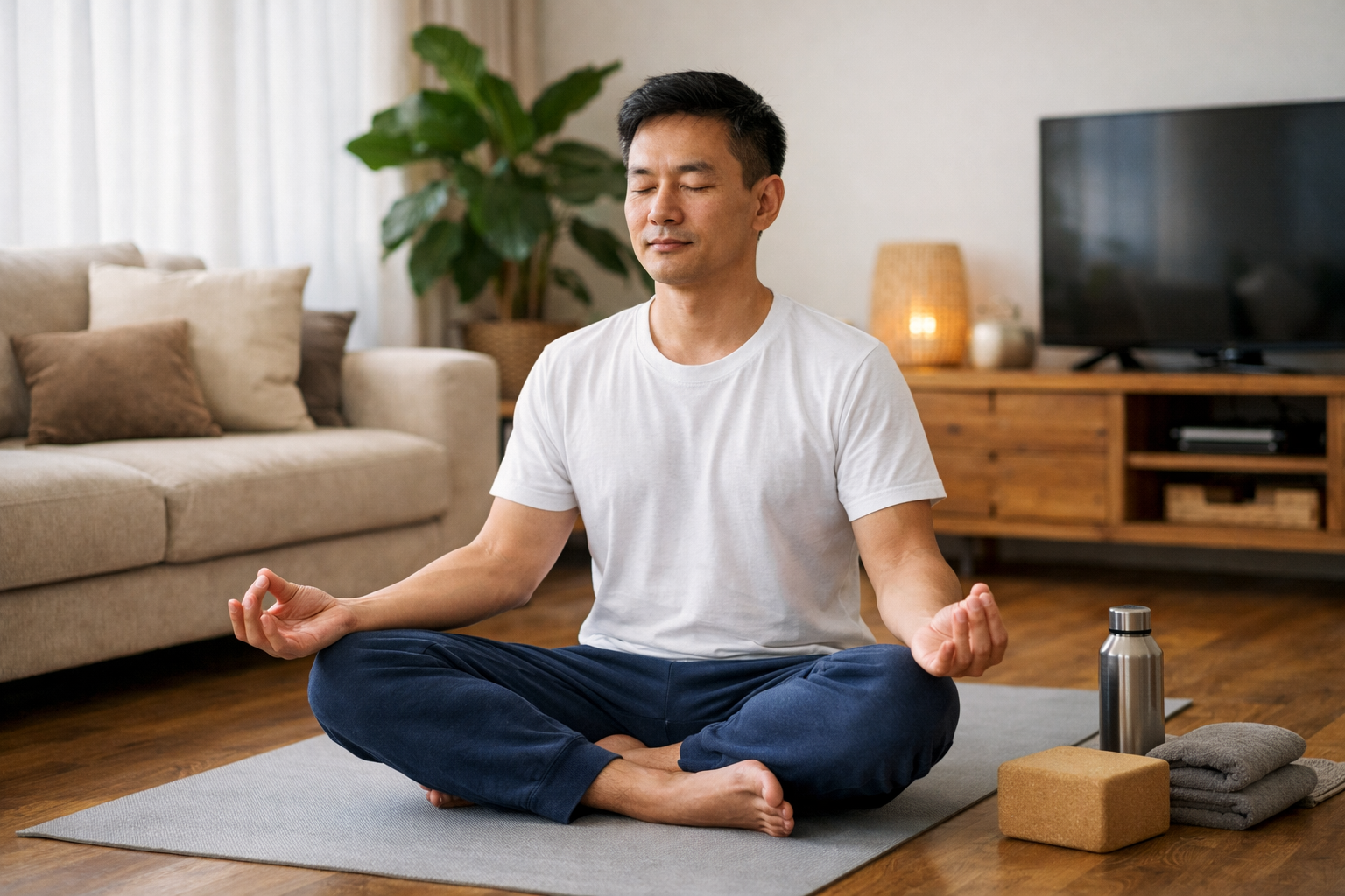 Người đàn ông đang tập các tư thế yoga nhẹ nhàng trong phòng khách