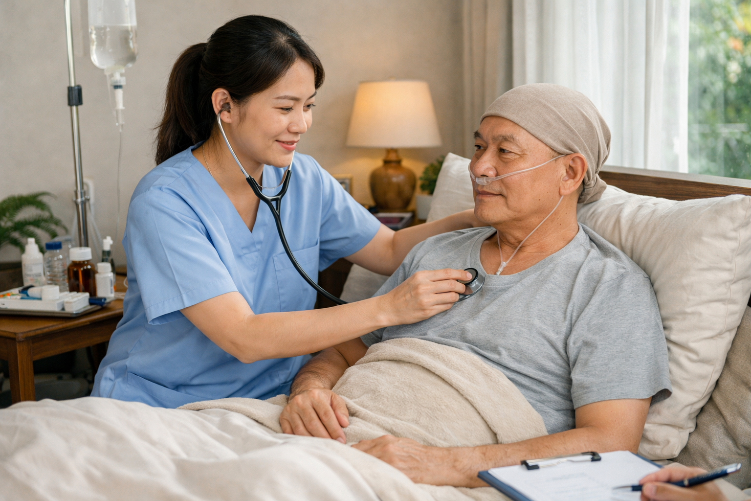 Điều dưỡng chuyên nghiệp đang kiểm tra sức khỏe cho bệnh nhân tại nhà