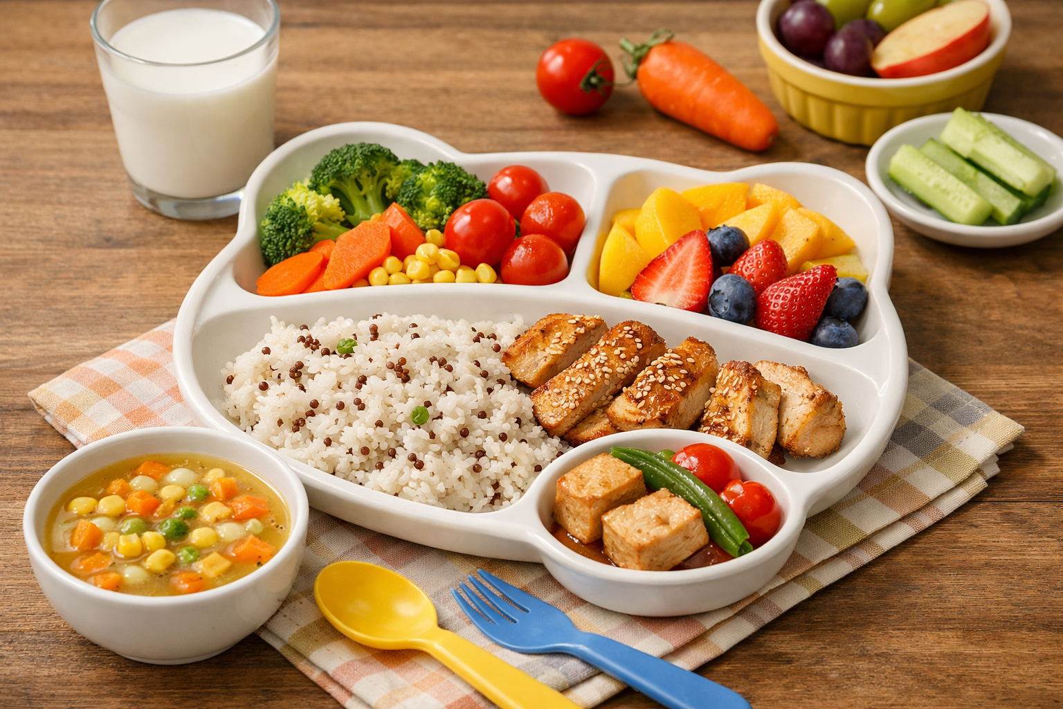 Bữa ăn đầy đủ màu sắc và dưỡng chất cho trẻ em với rau củ, thịt và ngũ cốc