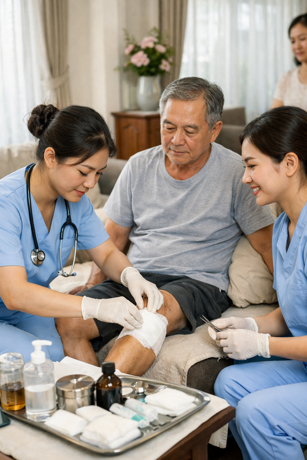 Đội ngũ nhân viên y tế của Thiện Tâm đang chăm sóc sức khỏe cho bệnh nhân tại nhà