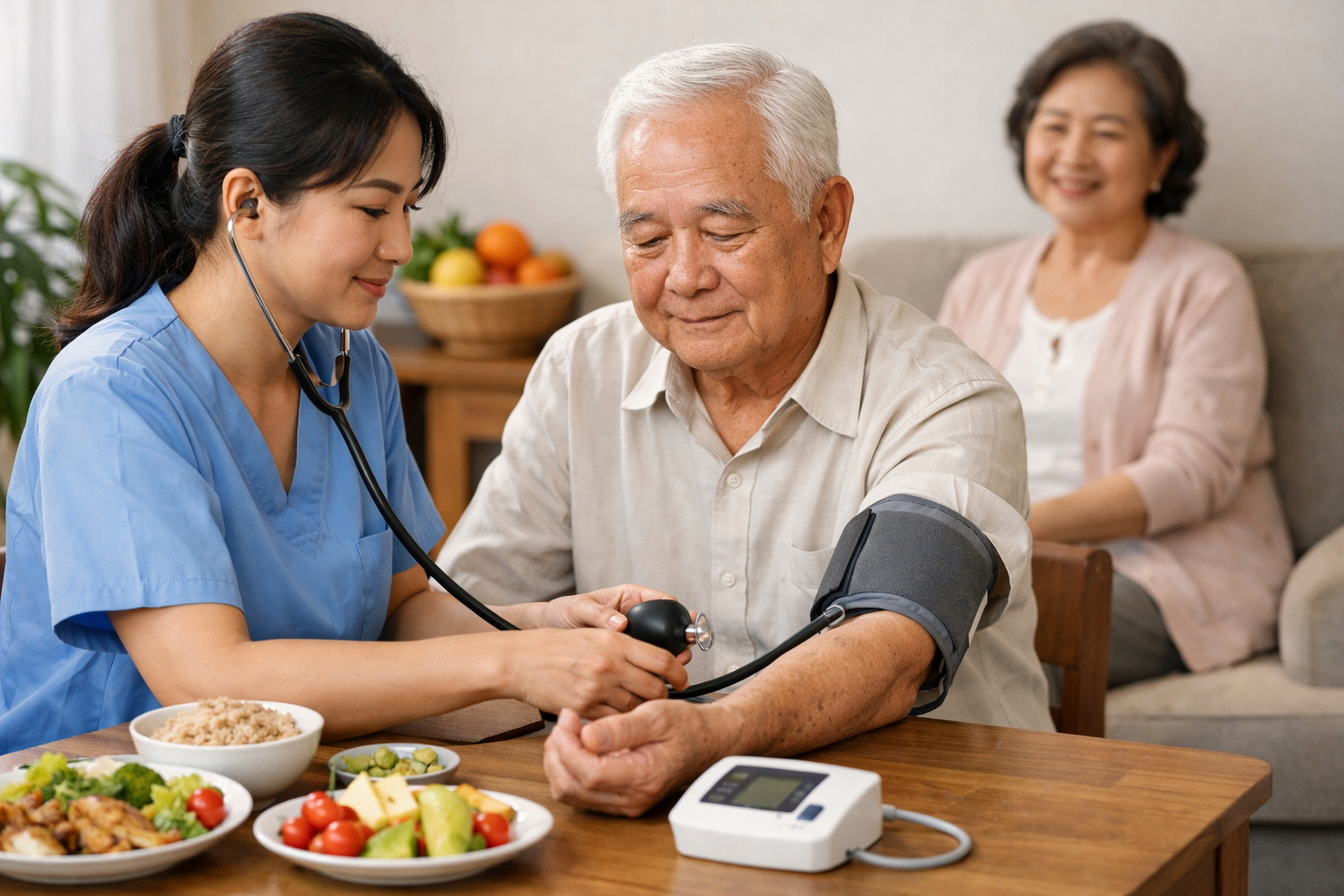 Người cao tuổi đang thực hiện đo huyết áp định kỳ tại nhà