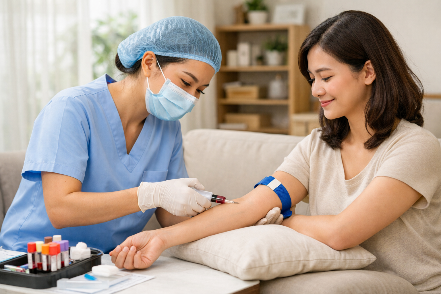 Điều dưỡng đang thực hiện lấy máu xét nghiệm tại nhà cho khách hàng một cách chuyên nghiệp