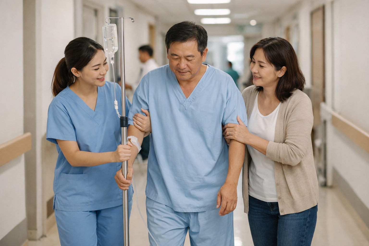 Bệnh nhân được hỗ trợ tập đi lại nhẹ nhàng trong hành lang bệnh viện