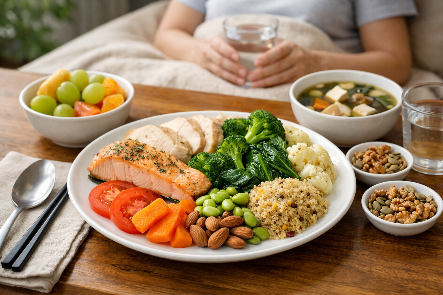Bữa ăn dinh dưỡng cân đối dành cho người bệnh ung thư bao gồm rau xanh và thực phẩm giàu đạm