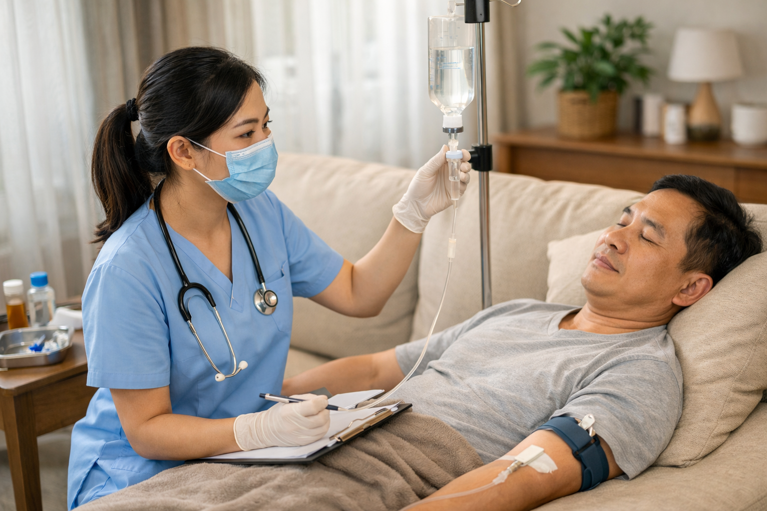 Y tá đang theo dõi tình trạng bệnh nhân trong quá trình truyền dịch