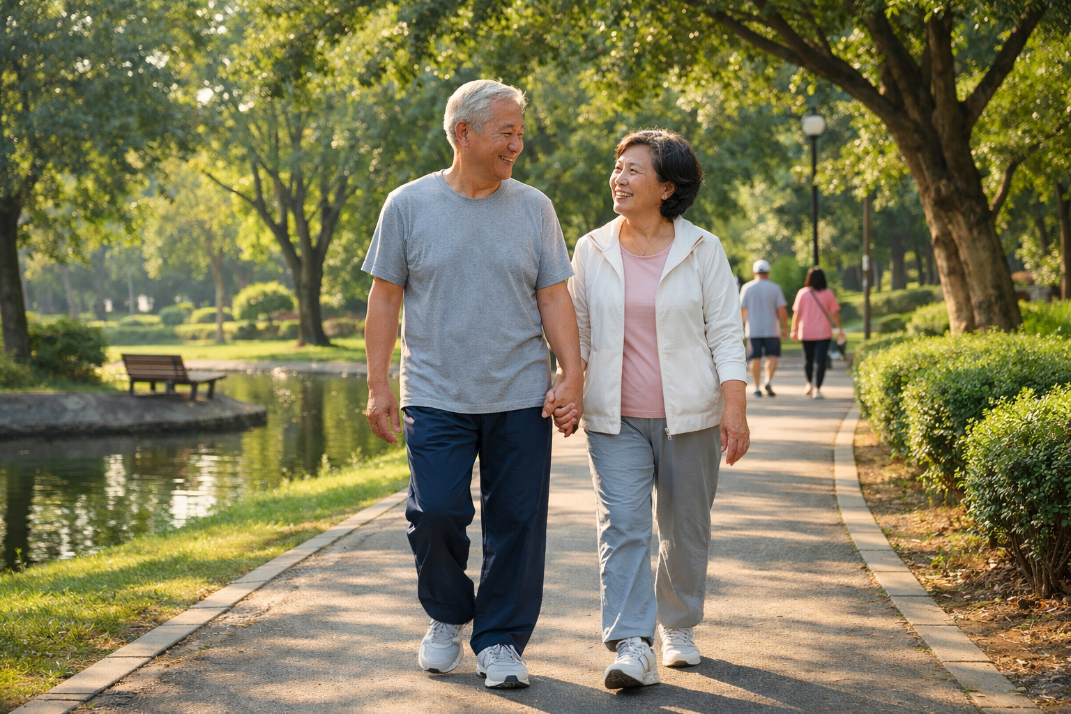 Đôi vợ chồng già dắt tay nhau đi bộ buổi sáng trong một công viên có nhiều cây xanh mát