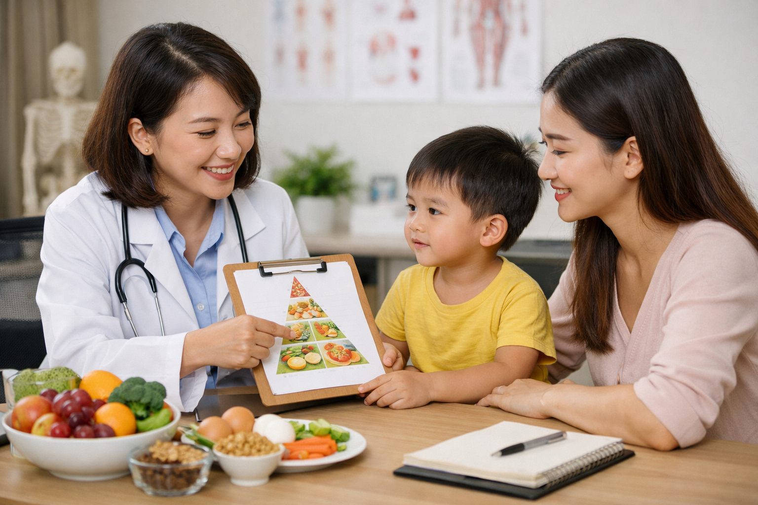 Bác sĩ tại Thiện Tâm đang thăm khám và tư vấn chế độ ăn uống cho một bé nhi