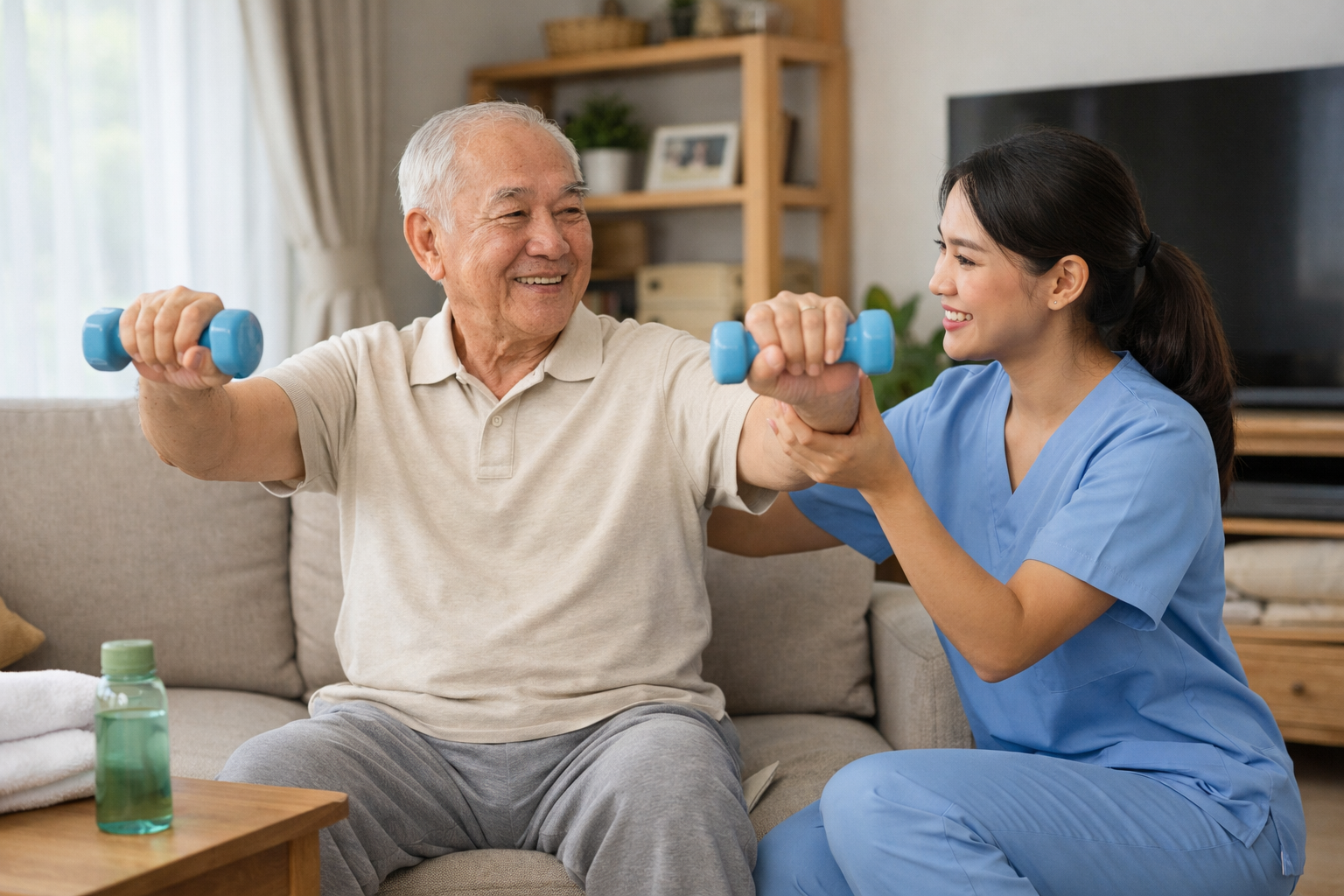 Điều dưỡng viên hỗ trợ người già tập các bài tập vật lý trị liệu nhẹ nhàng tại nhà