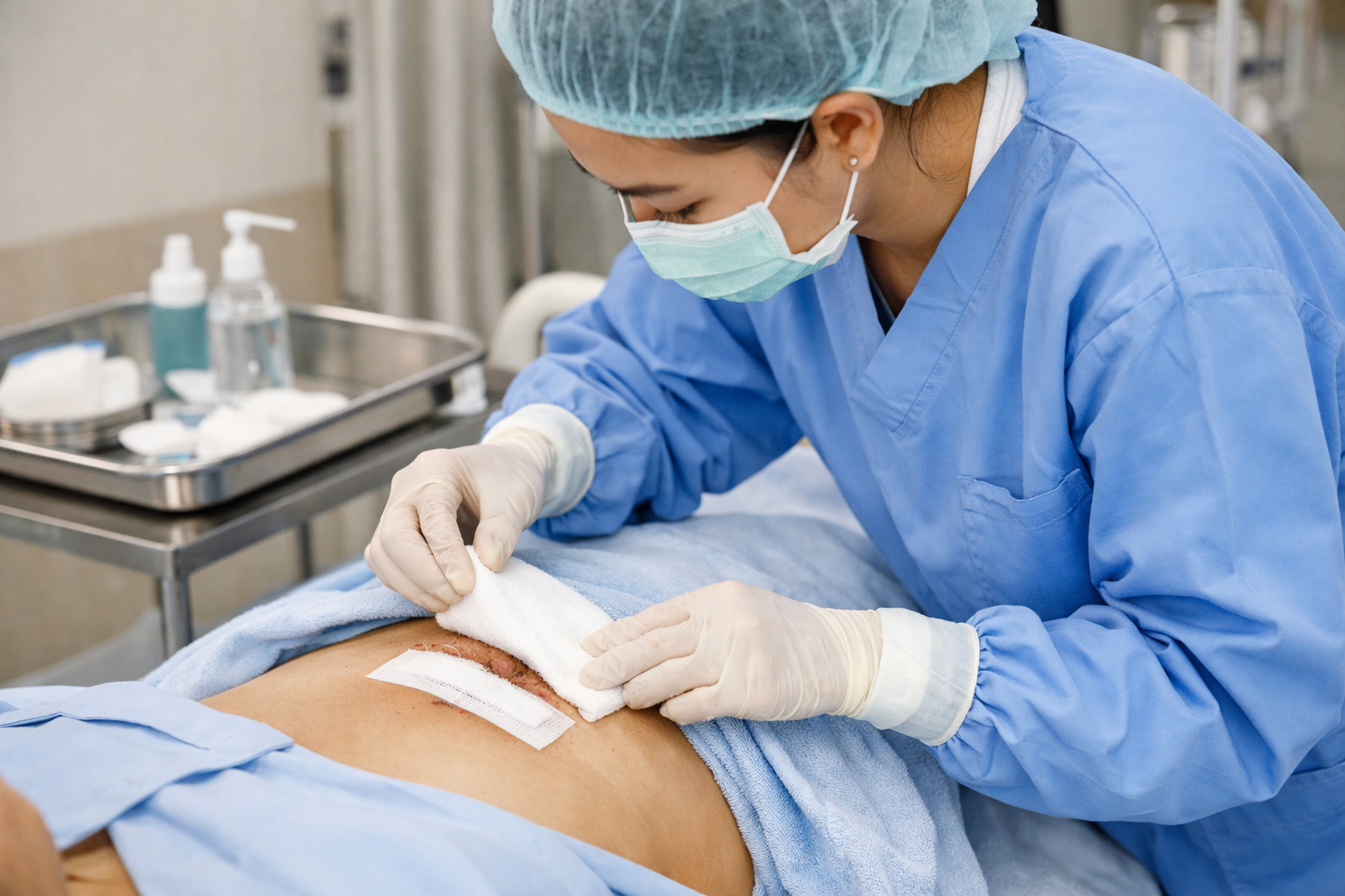 Nhân viên y tế thực hiện thay băng vết mổ đảm bảo vô khuẩn