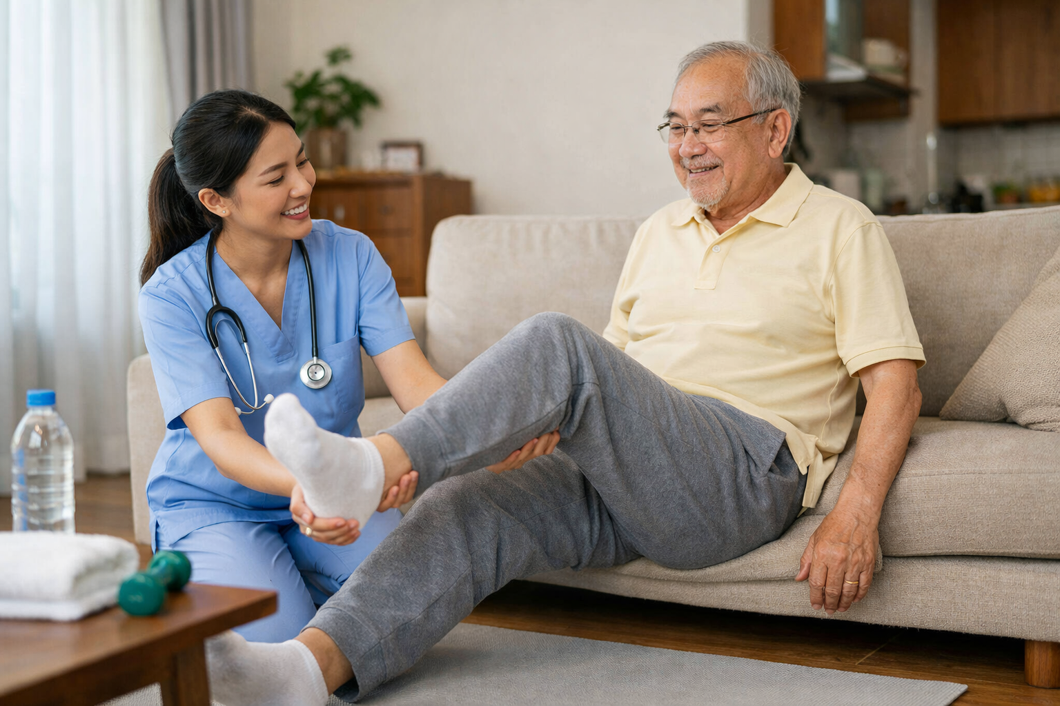 Nhân viên điều dưỡng tận tâm hỗ trợ người già thực hiện các động tác vận động nhẹ nhàng tại nhà