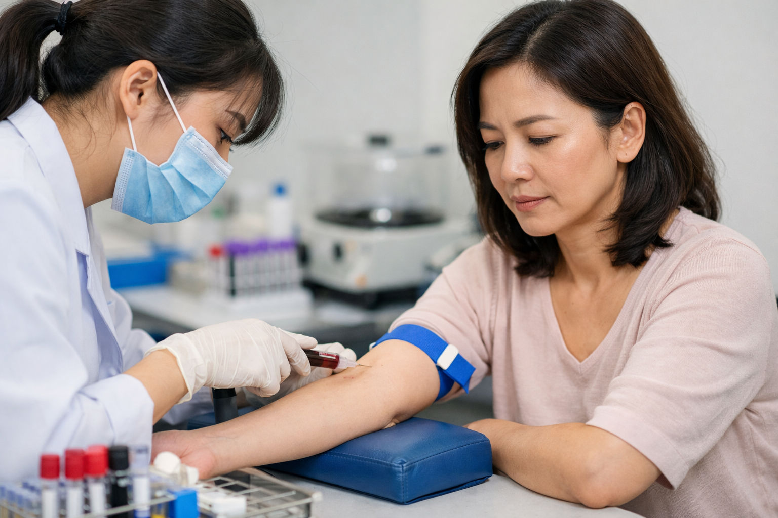 Kỹ thuật viên y tế đang lấy mẫu máu để thực hiện các xét nghiệm tầm soát ung thư sớm