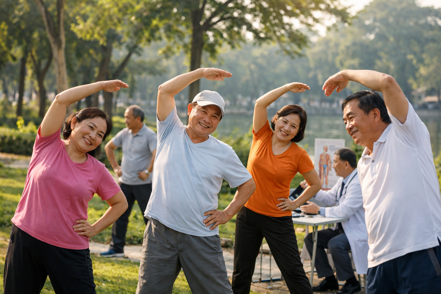 Một nhóm người trung niên đang tập thể dục buổi sáng trong công viên