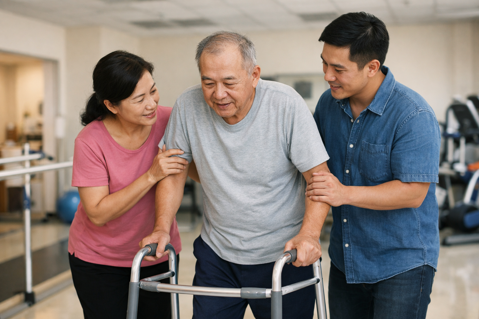 Bệnh nhân đang nỗ lực tập đi với khung tập đi dưới sự giám sát của người thân