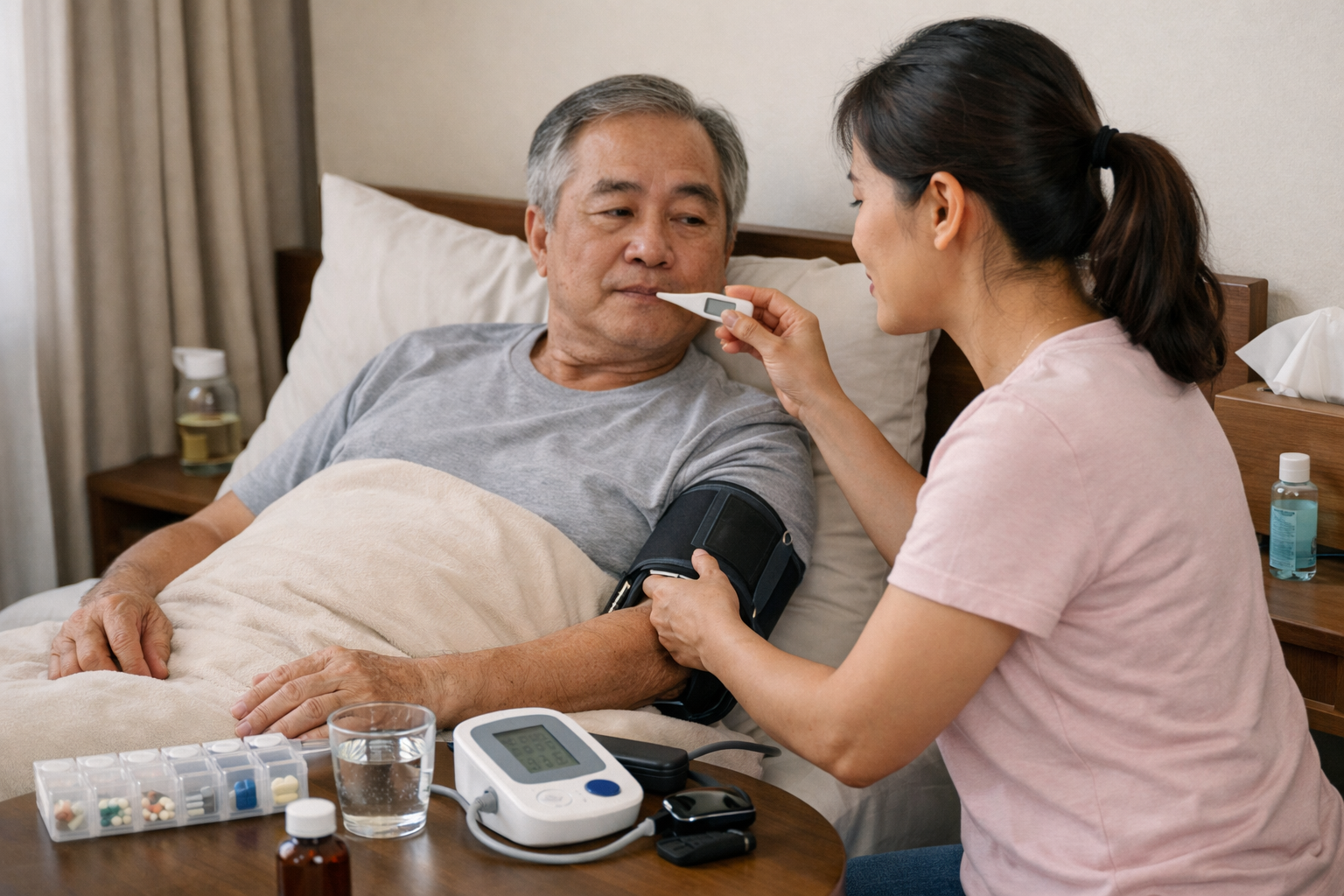 Thân nhân kiểm tra huyết áp và nhiệt độ cho người bệnh tại nhà