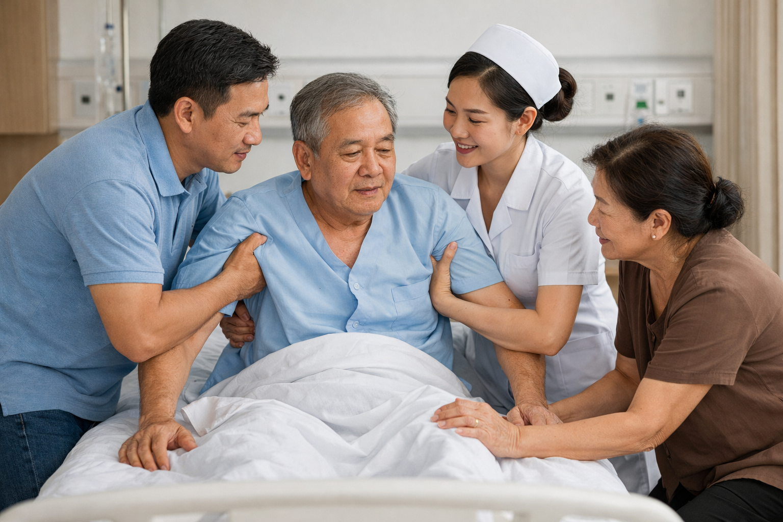 Người nhà và điều dưỡng đang hỗ trợ bệnh nhân tai biến tập ngồi dậy tại giường bệnh