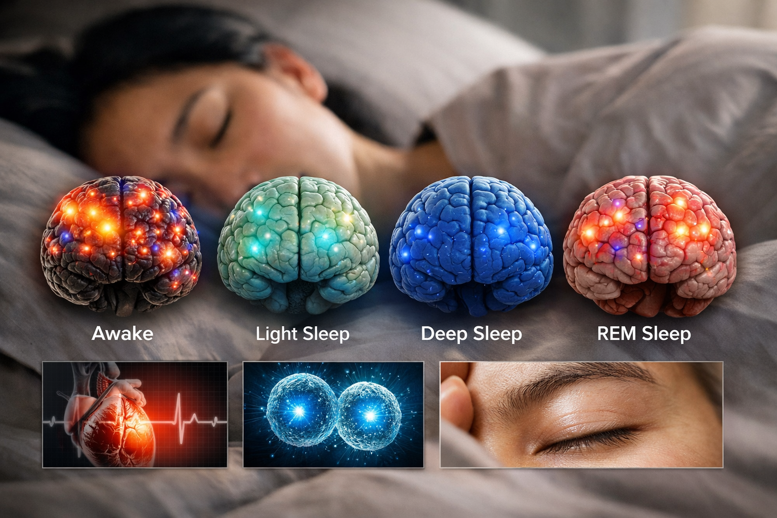 Minh họa sơ đồ não bộ hoạt động trong các giai đoạn khác nhau của giấc ngủ