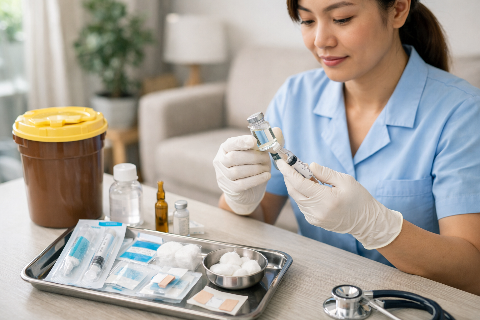 Quy trình chuẩn bị dụng cụ tiêm thuốc vô trùng và kiểm tra thuốc trước khi tiêm