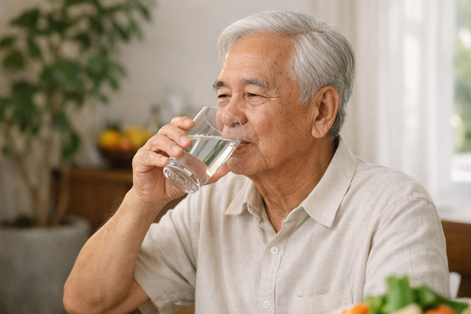 Người cao tuổi đang uống nước lọc từ ly thủy tinh sạch sẽ