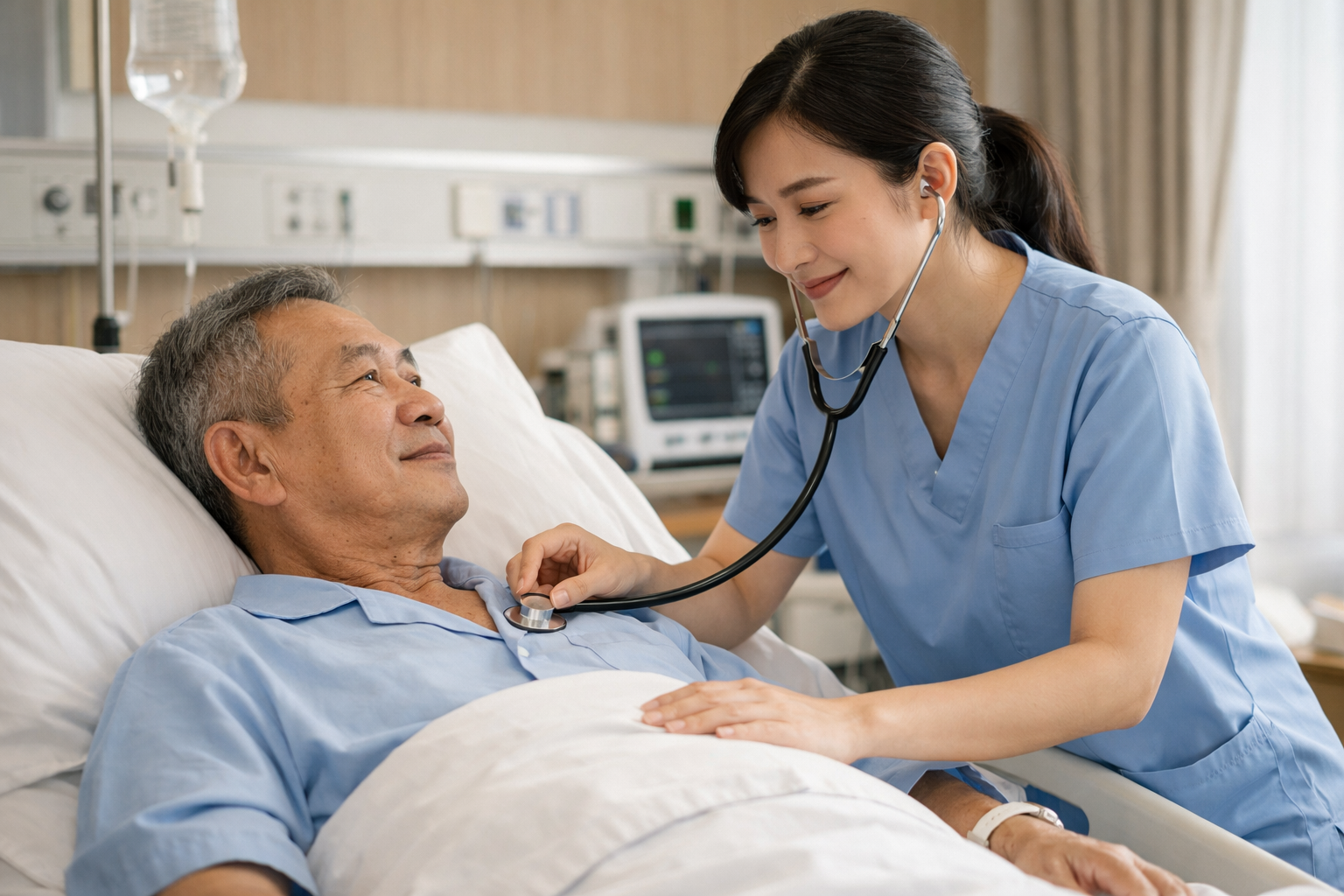 Điều dưỡng chuyên nghiệp đang kiểm tra sức khỏe cho bệnh nhân tại giường bệnh