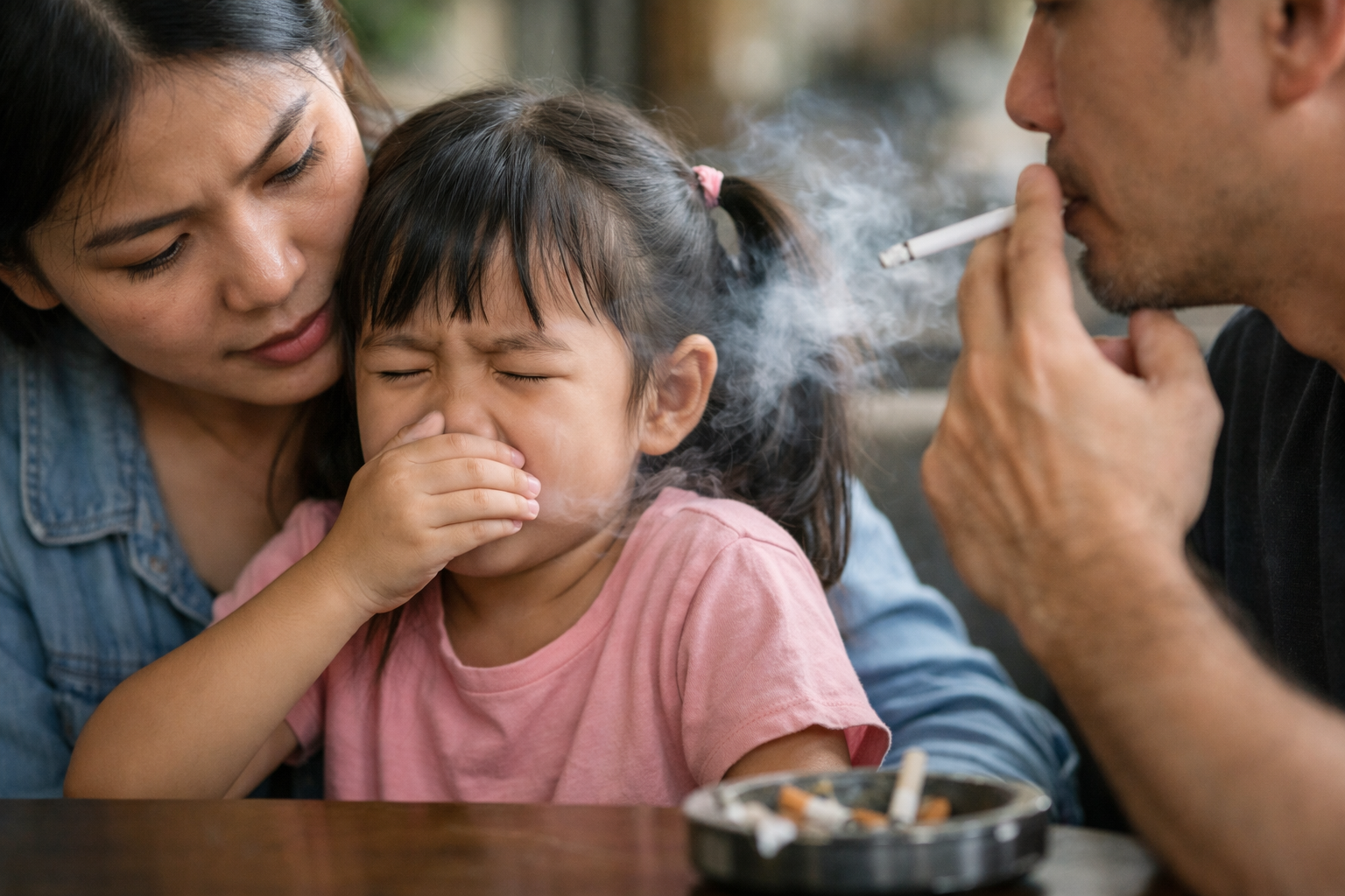 Trẻ em vô tình hít phải khói thuốc lá từ người lớn gây nguy hiểm cho sức khỏe