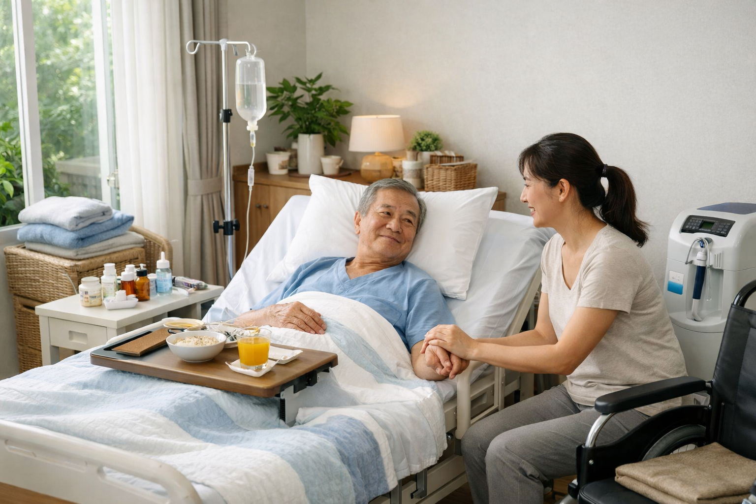 Không gian phòng ngủ thoáng mát sạch sẽ dành cho người bệnh tại nhà