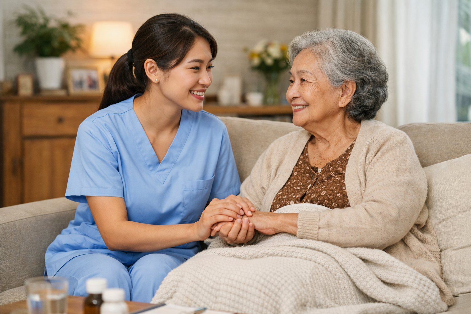 Điều dưỡng viên đang chăm sóc và trò chuyện cùng người cao tuổi tại nhà một cách tận tâm