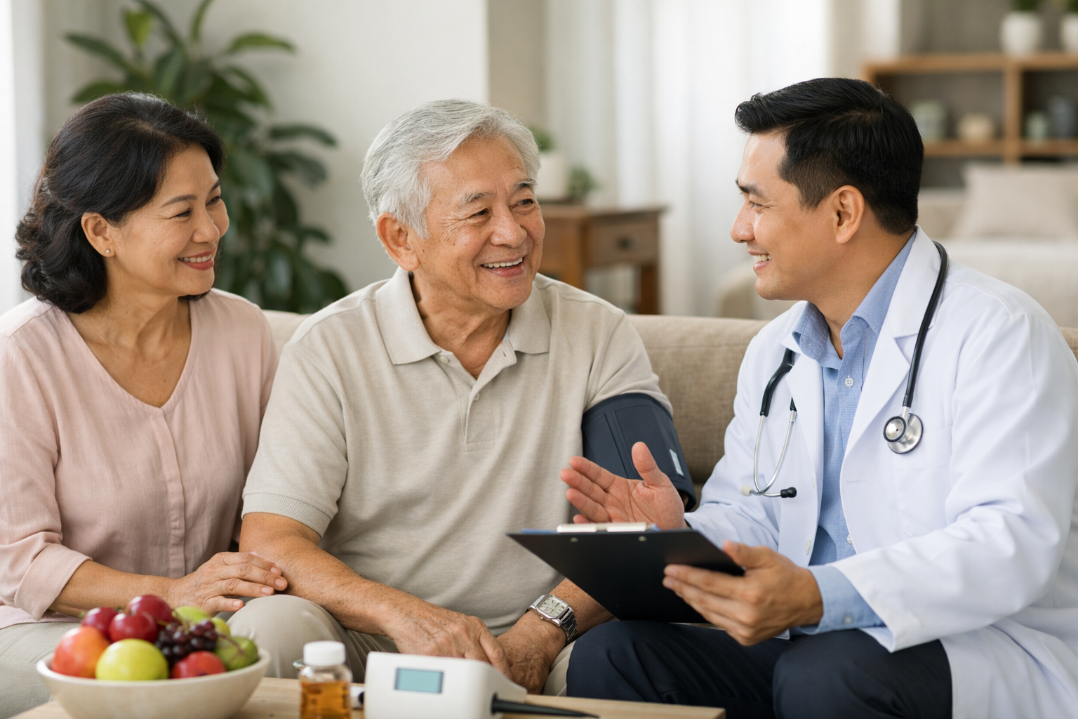 Bác sĩ đang thực hiện kiểm tra sức khỏe và tư vấn lối sống cho người già