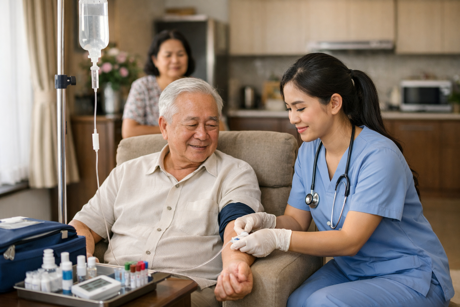 Điều dưỡng viên thực hiện chăm sóc y tế tại nhà cho người cao tuổi