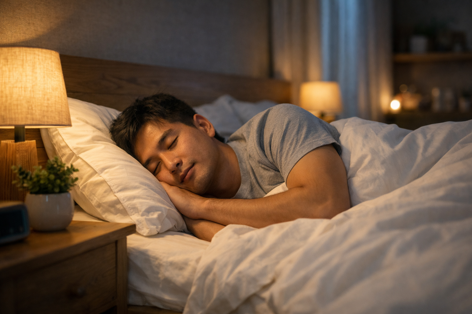 Một người đang ngủ ngon giấc trong không gian phòng ngủ yên tĩnh và thoải mái