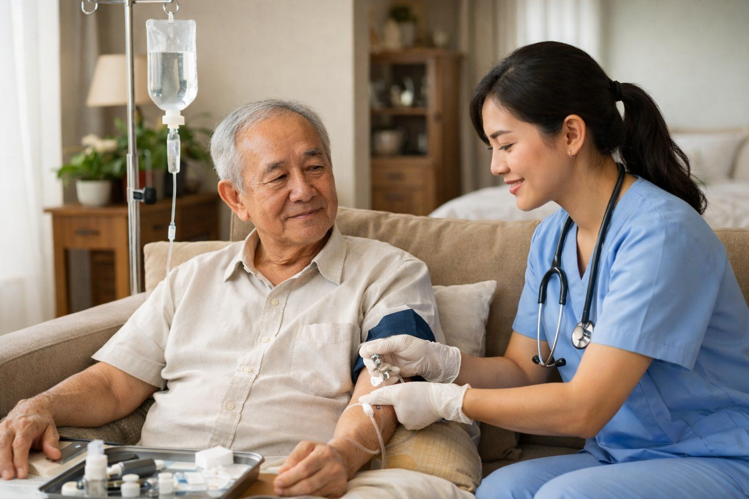 Y tá thực hiện truyền dịch tại nhà an toàn cho bệnh nhân lớn tuổi