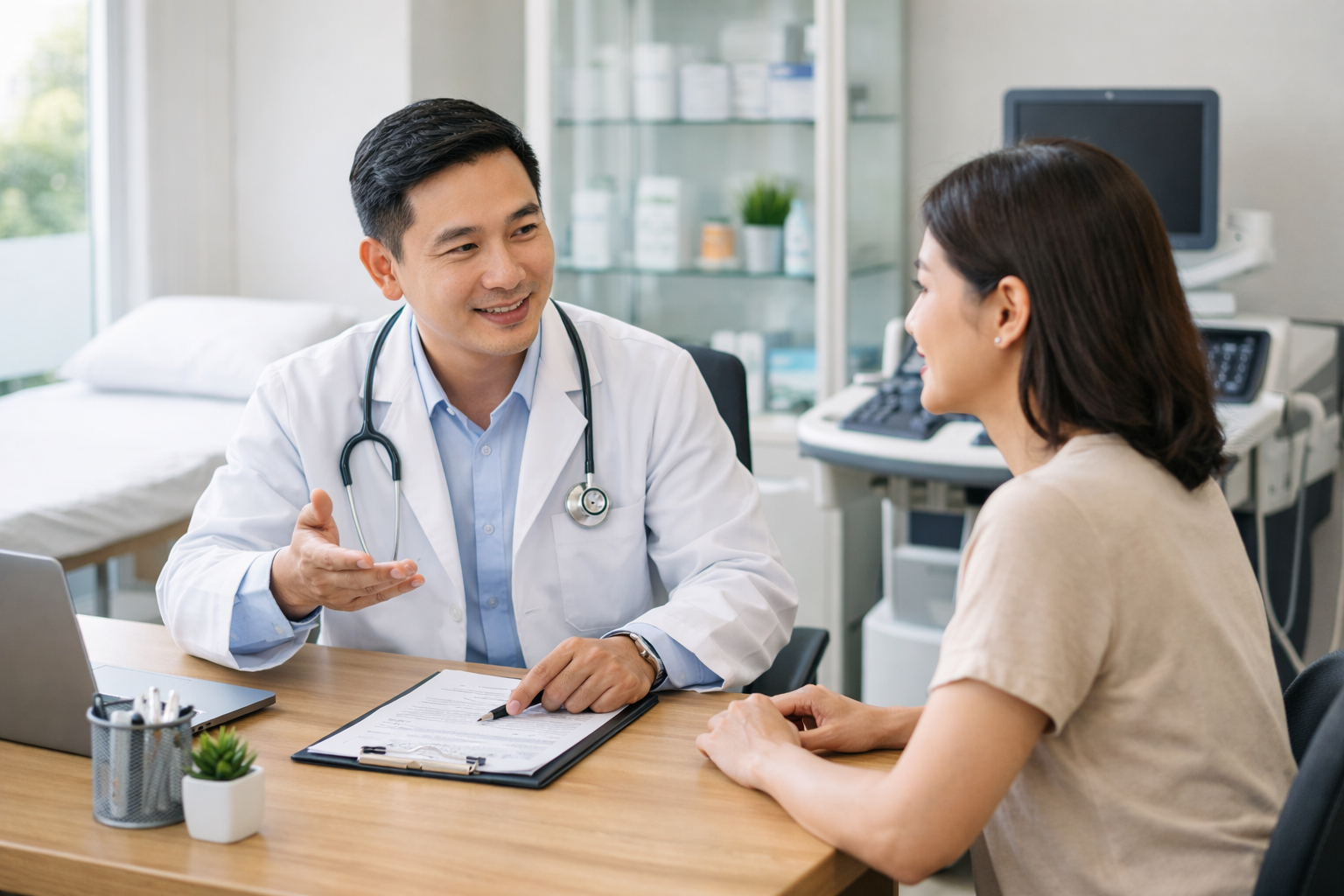 Bác sĩ đang tư vấn sức khỏe cho bệnh nhân tại phòng khám tư nhân