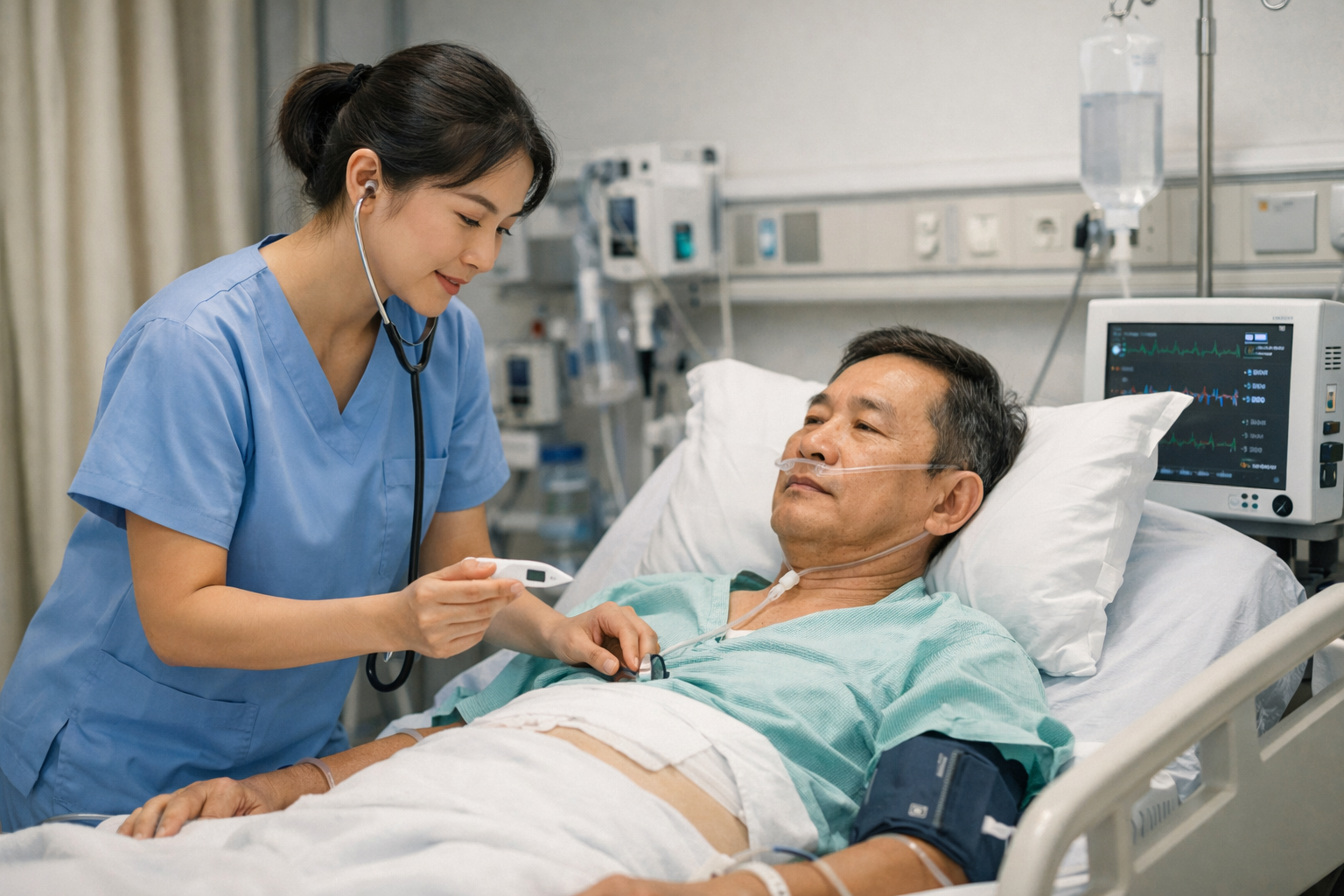 Y tá theo dõi chỉ số sinh tồn của bệnh nhân hậu phẫu tại bệnh viện