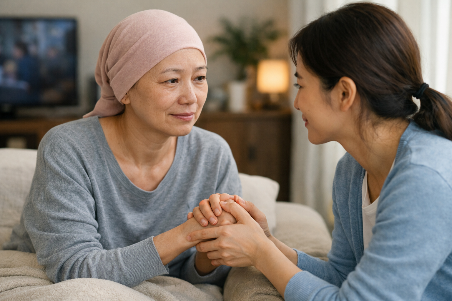 Người chăm sóc đang nắm tay động viên bệnh nhân ung thư để hỗ trợ tâm lý